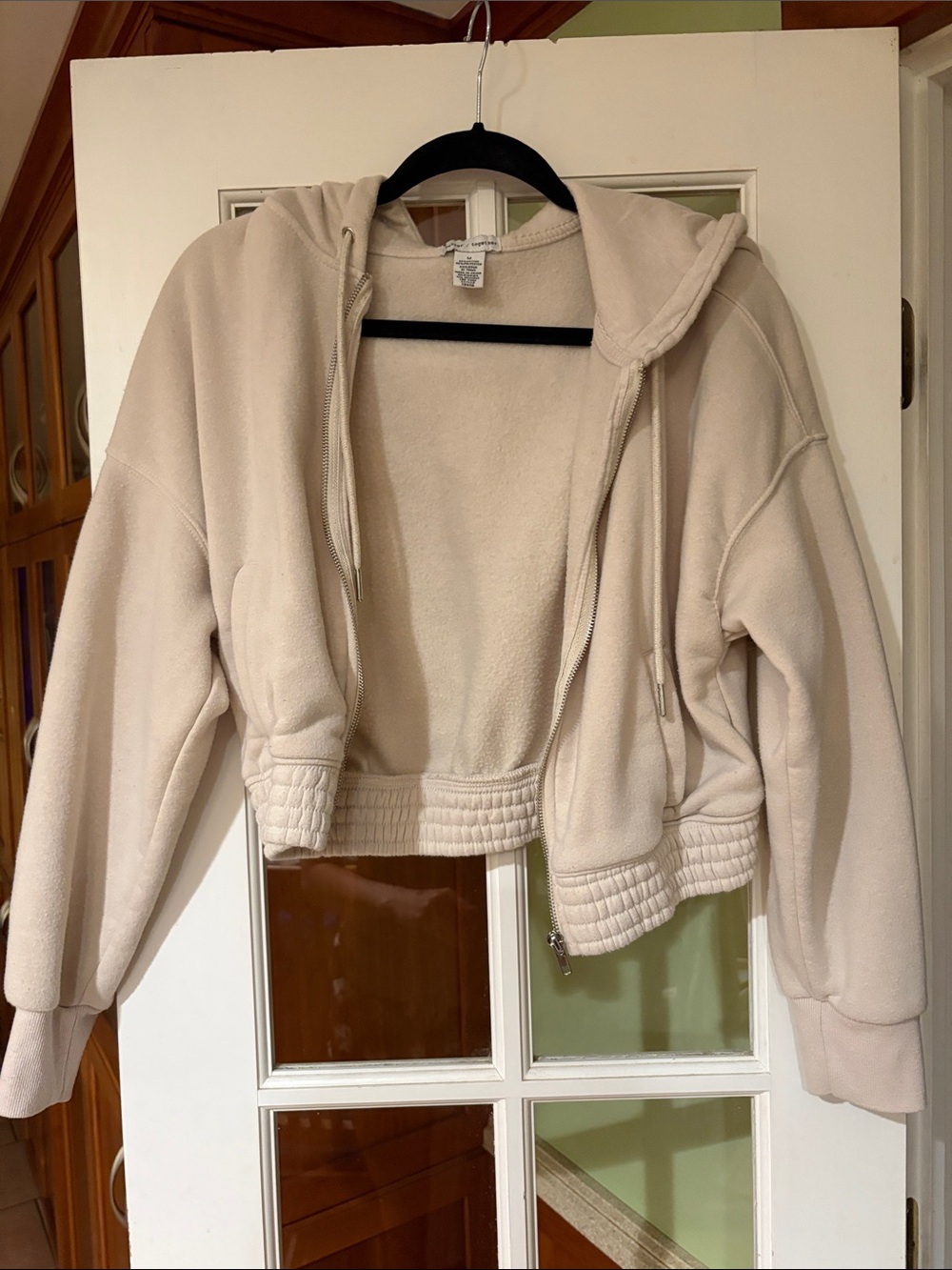 Cropped Beige Hooded Zip-Up Sweatshirt